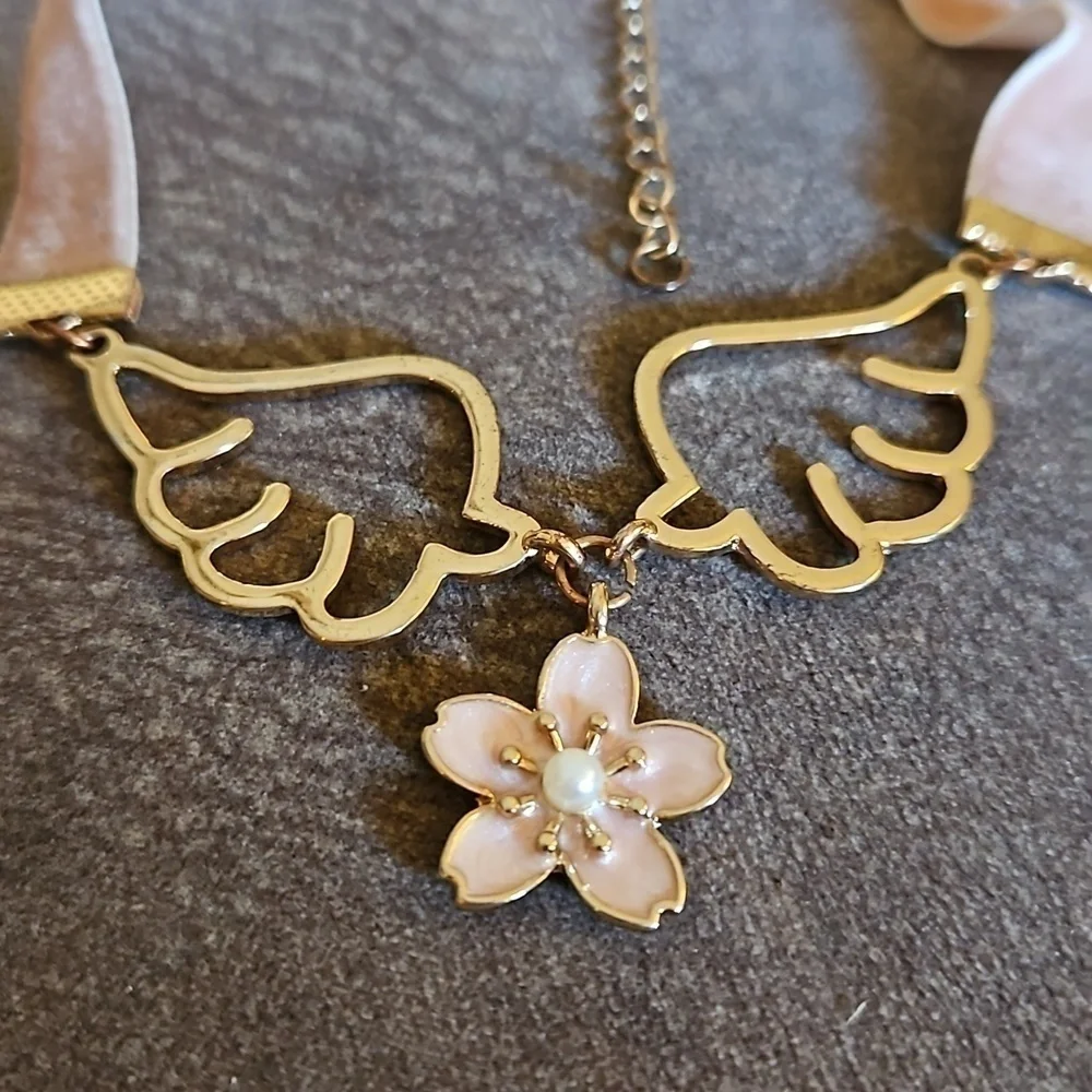 3/$30 VTG Velvet Pink Ribbon Angel Wings Floral Coquette Choker Necklace